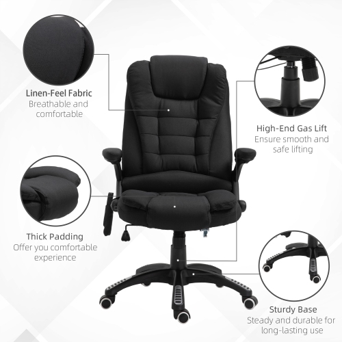 Vinsetto – Fauteuil de bureau de massage avec vibration 6 points, fauteuil de direction inclinable en lin, dossier haut, roulettes pivotantes, noir