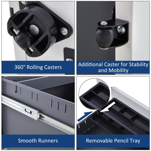 Vinsetto 3 Drawer Vertical File Cabinet, Lockable Steel Filing Cabinet with Hanging Bar for Letter A4 Legal Size Files, Printer Stand with