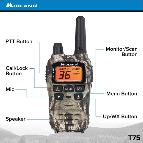 Midland 36 Channel/38 Mile Two Way Radio with 121 Codes, with X Scan-Alert, Battery, Rapid Charge DTC and USB
