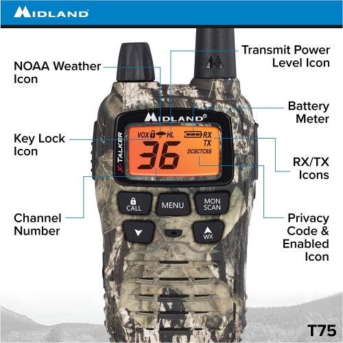 Midland 36 Channel/38 Mile Two Way Radio with 121 Codes, with X Scan-Alert, Battery, Rapid Charge DTC and USB
