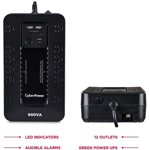 CyberPower ST900U Standby UPS System, 900VA/500W, 12 Outlets, 2 USB Charging Ports, Compact