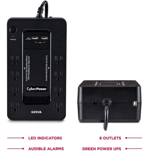 CyberPower ST625U Standby UPS System, 625VA/360W, 8 Outlets, 2 USB Charging Ports, Compact