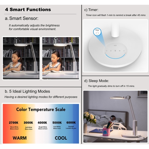 Best4kids desk lamp, Professional 216 pcs LEDs Eye-Caring lamp, high CRI, Auto brightness Sensor, Natural Full Spectrum LED , Touch Control, 5