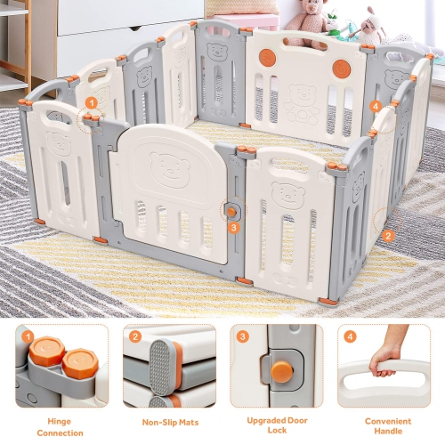 14-Panel Foldable Baby Playpen, Kids Activity Center Playard Baby Gates Infant Safety Fence