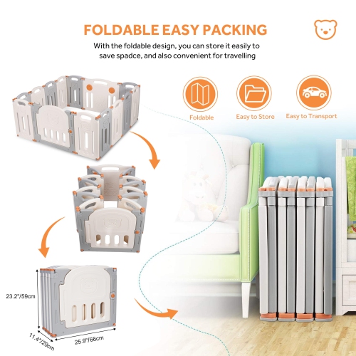 14-Panel Foldable Baby Playpen, Kids Activity Center Playard Baby Gates Infant Safety Fence