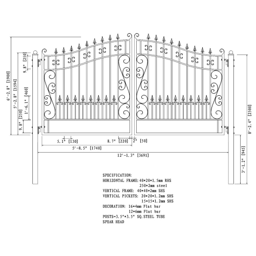 ALEKO DG12VEND Venice Style Iron Dual Swing Driveway Gate 12'