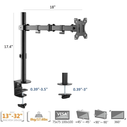 Uplite Single LCD Monitor Desk Mount Stand Fully Adjustable Articulating Arm for 1 Screen up to 32"