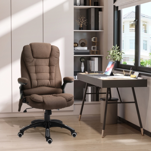 Vinsetto – Fauteuil de bureau de massage avec vibration 6 points, fauteuil de direction inclinable en lin, dossier haut, roulettes pivotantes, brun