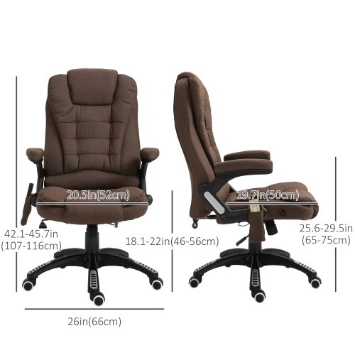 Vinsetto – Fauteuil de bureau de massage avec vibration 6 points, fauteuil de direction inclinable en lin, dossier haut, roulettes pivotantes, brun