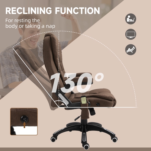 Vinsetto – Fauteuil de bureau de massage avec vibration 6 points, fauteuil de direction inclinable en lin, dossier haut, roulettes pivotantes, brun