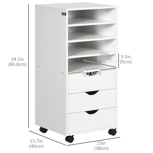 Vinsetto Vertical Filing Cabinet, Mobile File Cabinet on Wheels with 3 Drawers and 4 Open Shelves, Printer Stand with Lockable Casters for Home