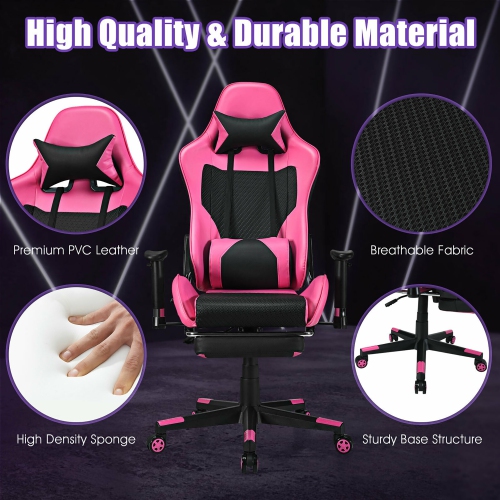 Costway Massage Gaming Chair Reclining Racing Office Computer Chair with Footrest Pink