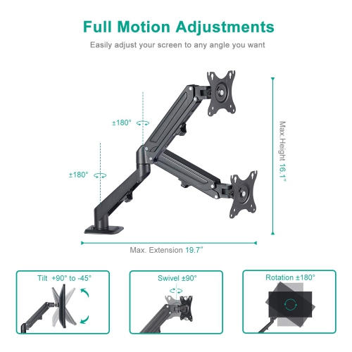 Support de bureau pour moniteur ACL à ressort à gaz simple d’Uplite avec bras articulé entièrement réglable pour 1 écran de 27 po et moins