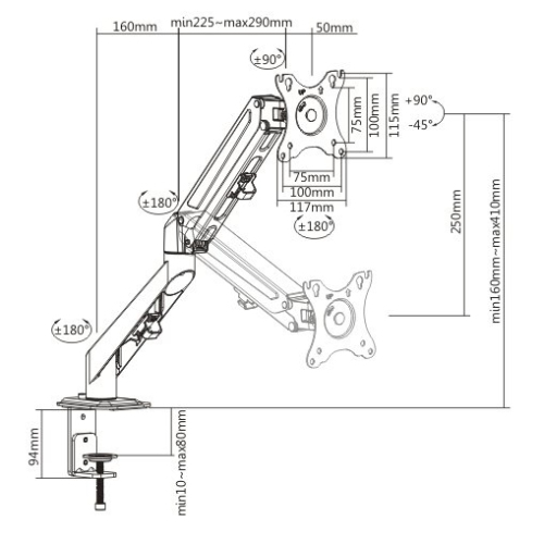 Support de bureau pour moniteur ACL à ressort à gaz simple d’Uplite avec bras articulé entièrement réglable pour 1 écran de 27 po et moins
