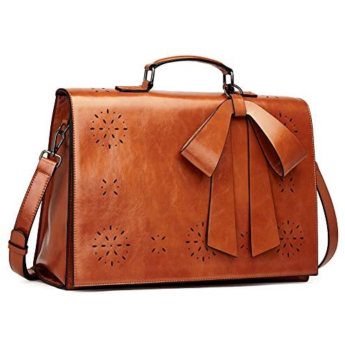 Briefcase for Women Oil Wax Leather 14 Inch Laptop Large Ladies Vintage Business Work Bow ...