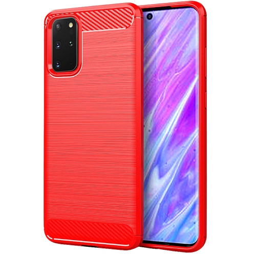Heavy Duty Soft Silicone TPU Bumper Carbon Fiber Protection Back Case Cover For Samsung Galaxy S20+ Plus 5G - Red