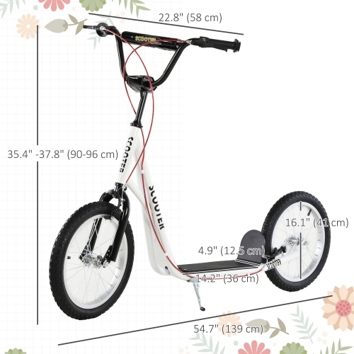 Aosom Youth Scooter Street Kick Scooter for Teens Kids Ride on Toy w/ 16'' Inflatable Wheel Dual Brakes for 5+ Year Old White