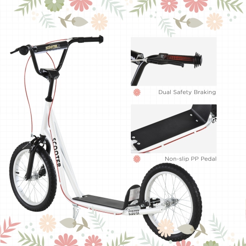 Aosom Youth Scooter Street Kick Scooter for Teens Kids Ride on Toy w/ 16'' Inflatable Wheel Dual Brakes for 5+ Year Old White