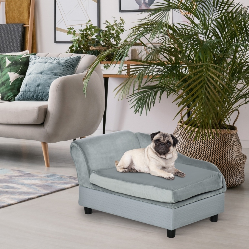PawHut Pet Sofa Dog Couch Chaise Lounge Pet Bed with Storage Function Small Sized Dog Various Cat Sponge Cushioned Bed Lounge, Light Grey