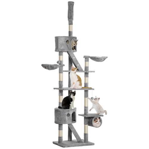 PawHut Cat Tower for Large Cats Adult, Floor to Ceiling Cat Tree Adjustable Height 94"-102" Multi-Level with Scratching Posts, Cozy Hammock, Dangling