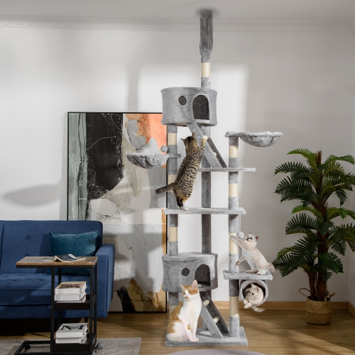 PawHut Cat Tower for Large Cats Adult, Floor to Ceiling Cat Tree Adjustable Height 94"-102" Multi-Level with Scratching Posts, Cozy Hammock, Pompoms,