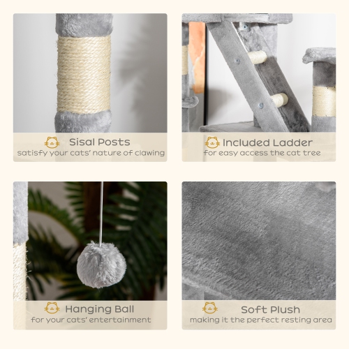 PawHut Cat Tower for Large Cats Adult, Floor to Ceiling Cat Tree Adjustable Height 94"-102" Multi-Level with Scratching Posts, Cozy Hammock, Pompoms,