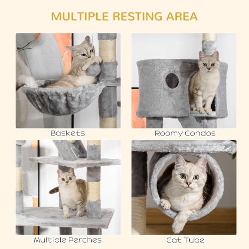 PawHut Cat Tower for Large Cats Adult, Floor to Ceiling Cat Tree Adjustable Height 94"-102" Multi-Level with Scratching Posts, Cozy Hammock, Pompoms,
