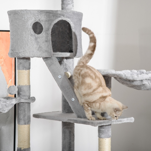 PawHut Cat Tower for Large Cats Adult, Floor to Ceiling Cat Tree Adjustable Height 94"-102" Multi-Level with Scratching Posts, Cozy Hammock, Pompoms,