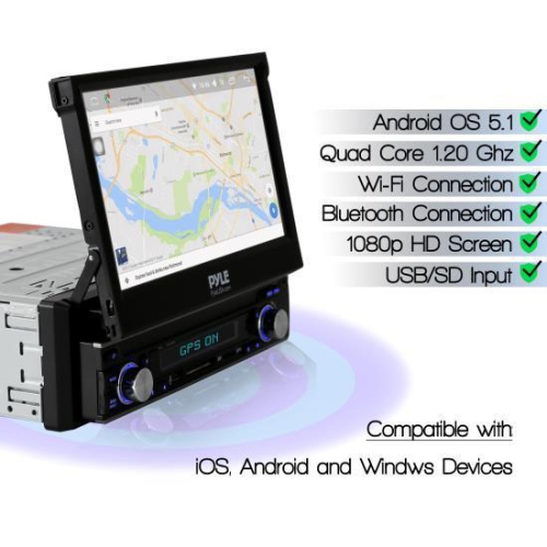 Système récepteur stéréo Android simple DIN avec écran tactile escamotable, navigation GPS, diffusion Bluetooth et Wi-Fi Pyle