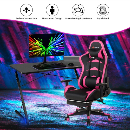 Gymax 43.5 inch Gaming Desk Z Shape Office PC Computer Desk Gamer Tables w/ LED Lights