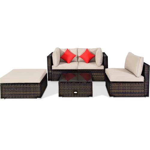 Gymax 5PCS Rattan Sectional Sofa Set Patio Furniture Set w/ Beige Cushion Pillow
