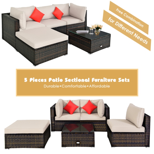 Gymax 5PCS Rattan Sectional Sofa Set Patio Furniture Set w/ Beige Cushion Pillow