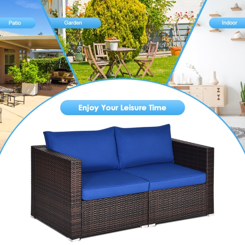 Gymax 2PCS Rattan Corner Sofa Set Patio Outdoor Furniture Set w/ 4 Navy Cushions