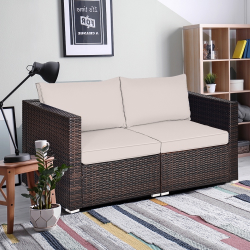 Gymax 2PCS Rattan Corner Sofa Set Patio Outdoor Furniture Set w/ 4 Beige Cushions
