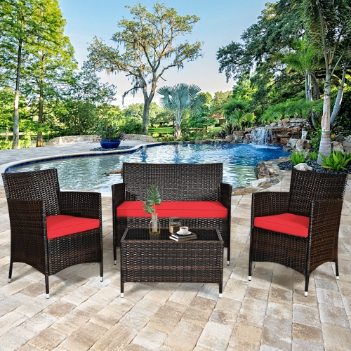 Gymax 4PCS Patio Rattan Conversation Furniture Set Outdoor w/ Red Cushion