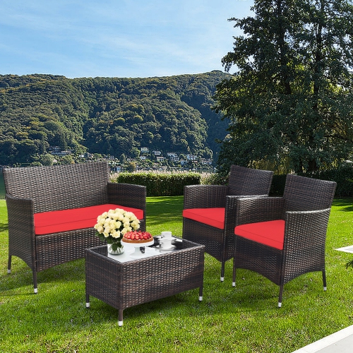 Gymax 4PCS Patio Rattan Conversation Furniture Set Outdoor w/ Red Cushion