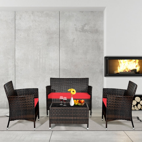 Gymax 4PCS Patio Rattan Conversation Furniture Set Outdoor w/ Red Cushion