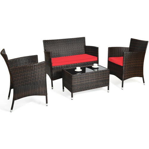 Gymax 4PCS Patio Rattan Conversation Furniture Set Outdoor w/ Red Cushion