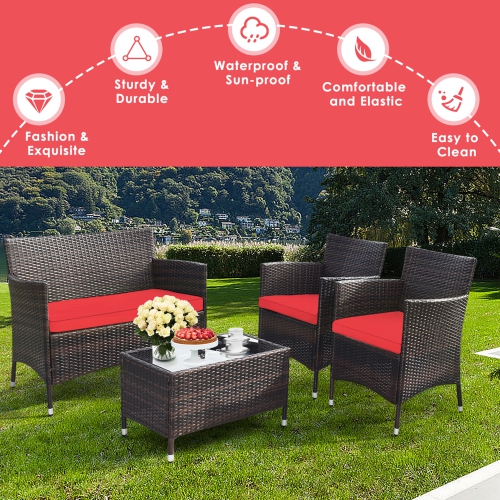 Gymax 4PCS Patio Rattan Conversation Furniture Set Outdoor w/ Red Cushion