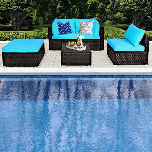 Gymax 5PCS Rattan Patio Conversation Set Outdoor Furniture Set w/ Ottoman Cushion