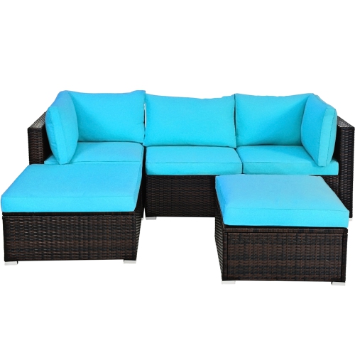 Gymax 5PCS Rattan Patio Conversation Set Outdoor Furniture Set w/ Ottoman Cushion