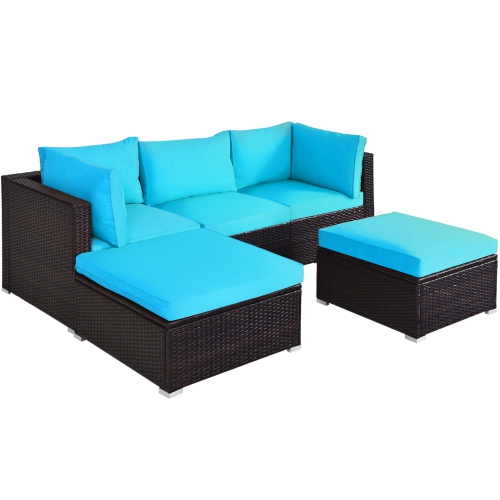 Gymax 5PCS Rattan Patio Conversation Set Outdoor Furniture Set w/ Ottoman Cushion