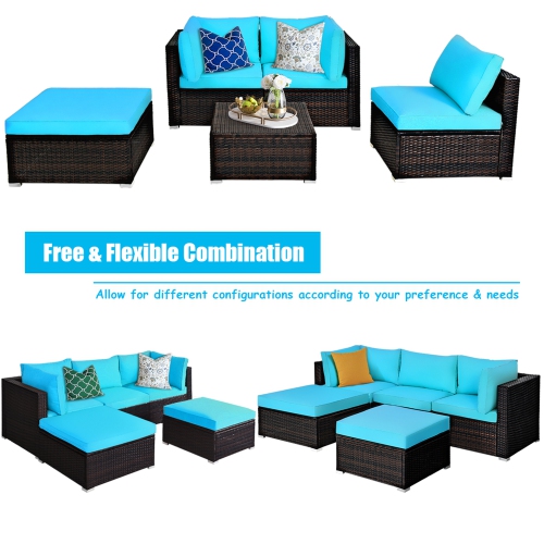 Gymax 5PCS Rattan Patio Conversation Set Outdoor Furniture Set w/ Ottoman Cushion