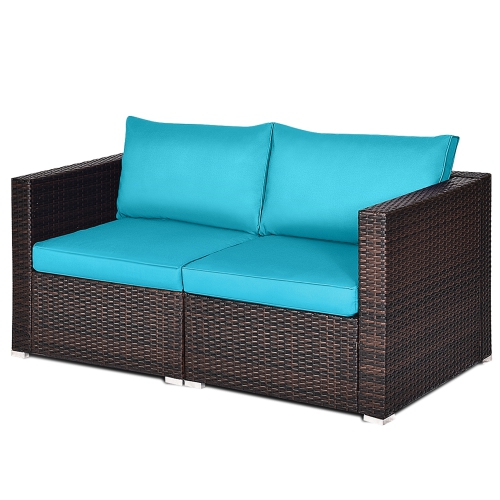 Gymax 2PCS Rattan Corner Sofa Set Patio Outdoor Furniture Set w/ 4 Blue Cushions