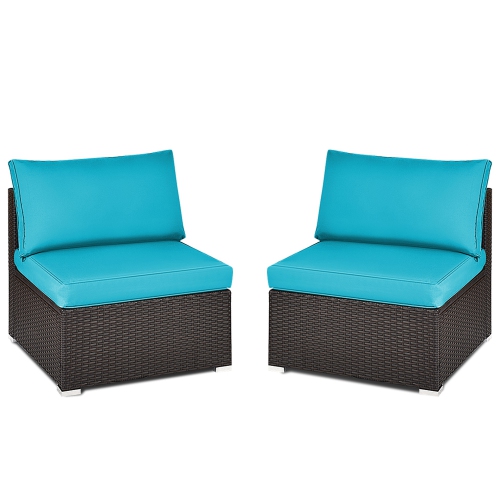 Gymax 2PCS Patio Wicker Rattan Sectional Armless Chair Sofa w/ Turquoise Cushion