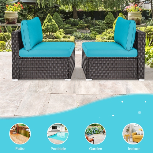 Gymax 2PCS Patio Wicker Rattan Sectional Armless Chair Sofa w/ Turquoise Cushion