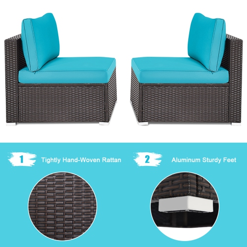 Gymax 2PCS Patio Wicker Rattan Sectional Armless Chair Sofa w/ Turquoise Cushion