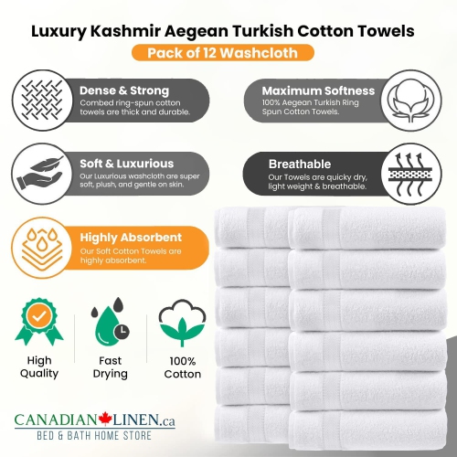 Canadian Linen Luxury – Ensemble de 12 serviettes de bain blanches, 13 x x13 po doux absorbant 500&nbsp;GSM débarbouillettes en coton essuie-tout à