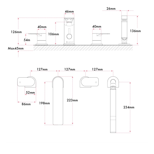 Akuaplus® ELENA Double handle desk mounted roman tub faucet with diverter and hand shower - chrome