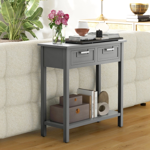 Gymax Narrow Console Table with Drawers Retro Accent Sofa Table w/ Open Storage Grey